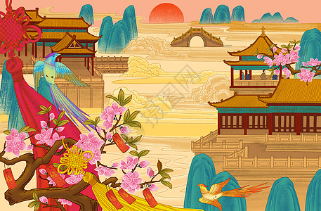 苏州古建筑春节仙境背景插画