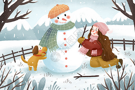 冬季雪地堆雪人女孩与狗插画图片