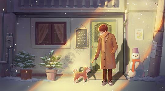 下雪街道冬日暖阳下的少年与小狗插画
