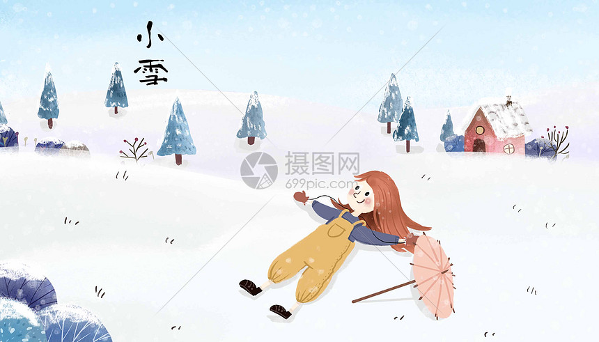 躺在雪地里的少女在小雪天外出游玩图片