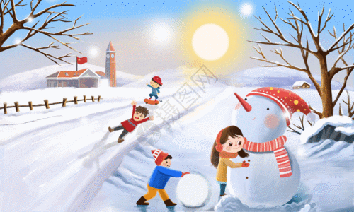 放学路上玩雪的孩子GIF高清图片