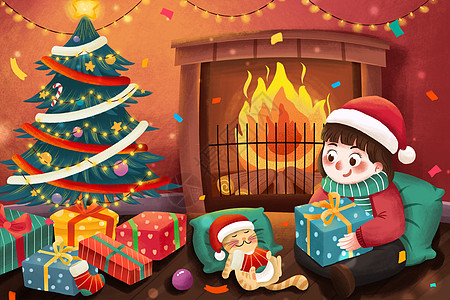 圣诞节平安夜壁炉前女孩与猫插画背景图片