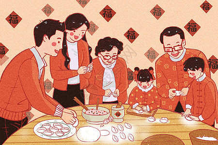 原创年俗插画之包饺子团聚高清图片素材