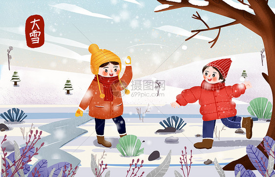 小清新节日节气之大雪打雪仗插画图片