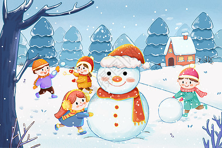 冬季雪景堆雪人插画背景图片
