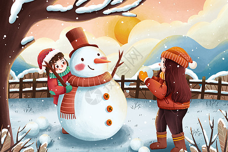 冬季雪地堆雪人打雪仗插画图片