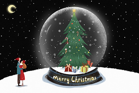 圣诞节水晶球情侣插画背景图片