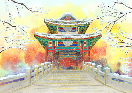 宫廷雪景红色楼梯高清图片