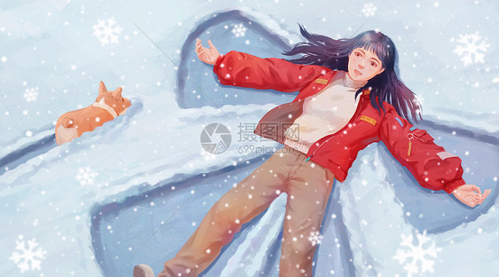 躺在雪地赏雪的少女图片