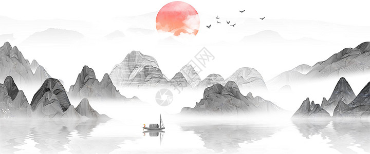 中国风新中式山水风景画插画
