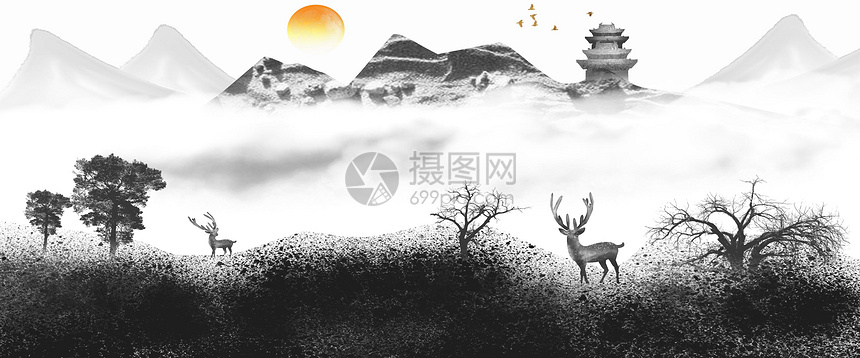 中国风山水画拼贴图片