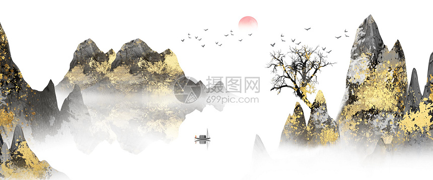新中式抽象金色山水画图片
