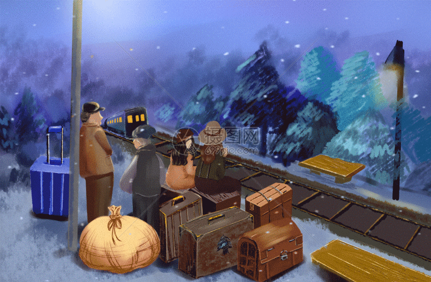 一家人雪中等车回家gif动图图片-正版gif素材401669118-摄图网