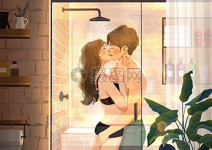甜蜜的拥吻浴室花洒高清图片