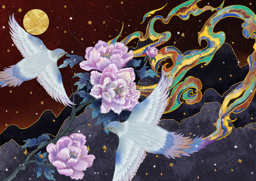 烫金中国风牡丹花鸟插画图片下载 正版图片 摄图网