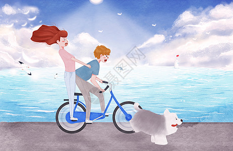 情侣海边骑自行车插画图片