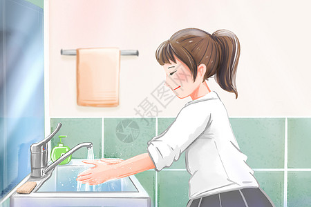 女孩在认真洗手预防病毒细菌高清图片