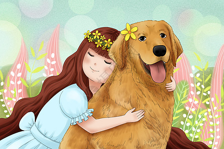 金毛幼犬女孩抱着大金毛插画