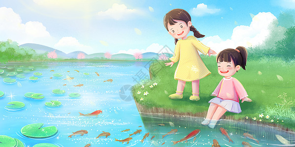 春天女孩在河边赏鱼图片