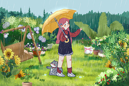 春天打伞赏雨的女孩图片