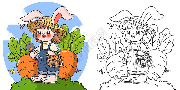 春天拔萝卜的小兔子填色插画图片