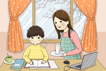 妈妈陪孩子在家上网课背景图片