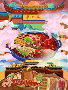 火锅串串香魅力城市特色美食之成都串串香插画