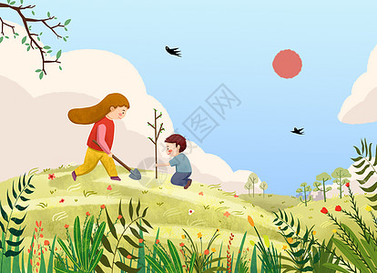 植树节种树的孩子插图背景图片