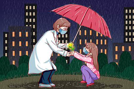 小女孩撑伞风雨中的希望插画