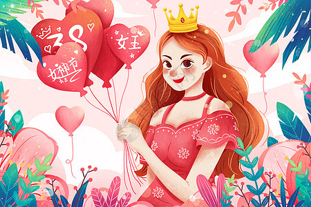 38女神节拿着气球女孩插画背景图片