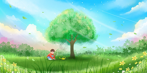 生存春天植树节男孩在大树下种小树苗插画