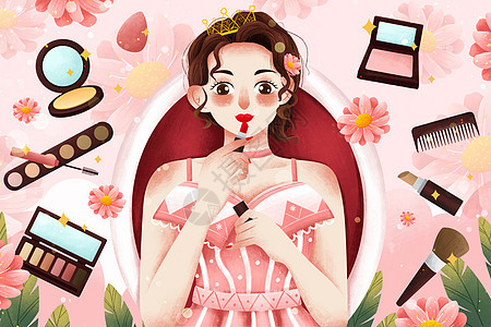 粉色38女神节化妆女孩插画背景图片
