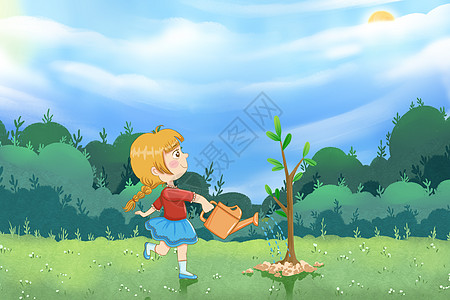 惊蛰印章植树节种树的女孩插画