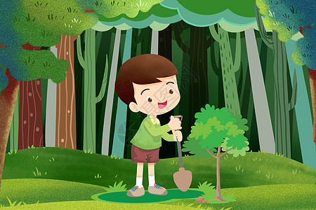 植树节在树林种树的男孩图片