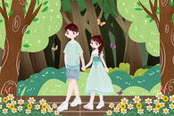 树林中散步的情侣图片