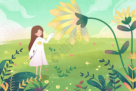 春天花丛的少女背景图片