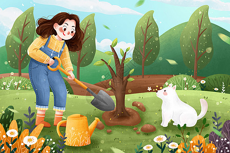 植树节种树女孩与狗插画图片