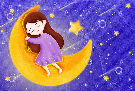 在星空睡眠的女孩子月亮上睡觉高清图片素材