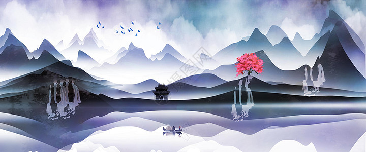 手绘中国风蓝色水墨山水画背景图片