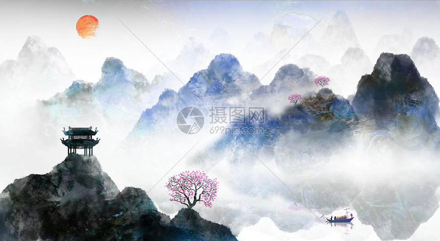 手绘中国风山水画图片