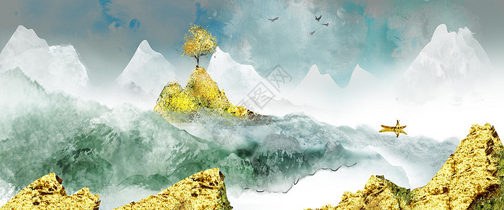 写意中国风金色山水画背景图片