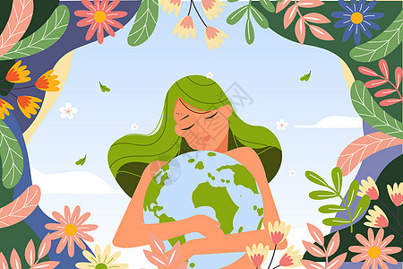 地球日女孩抱着地球环保主题扁平矢量插画图片