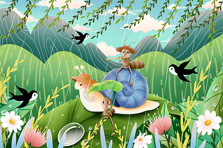 二十四节气清明节蜗牛与蚂蚁手绘插画背景图片