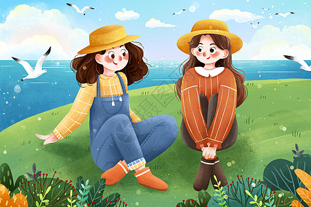 清新春季踏青女孩海边坐草地聊天插画图片