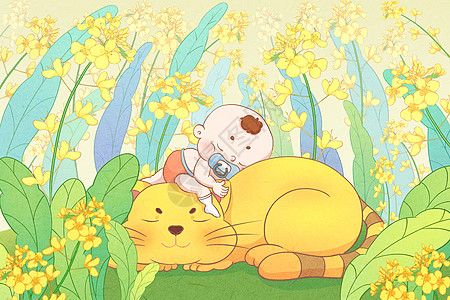 世界睡眠日宝宝和猫咪睡觉插画图片