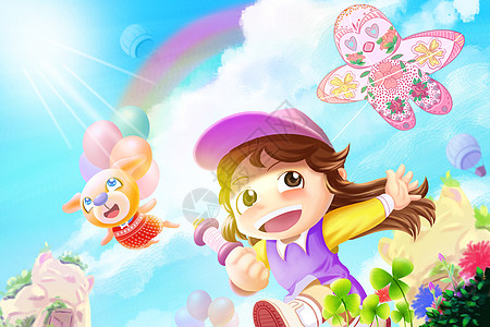 春天放风筝画彩虹的小女孩高清图片