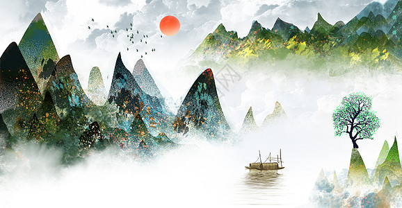 中国风绿色山水画图片