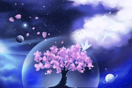 樱花飘落梦幻夜境之永生树世界睡眠日GIF图片