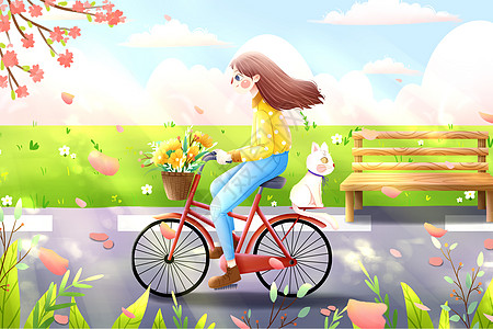 春季小女孩骑自行车手绘插画图片