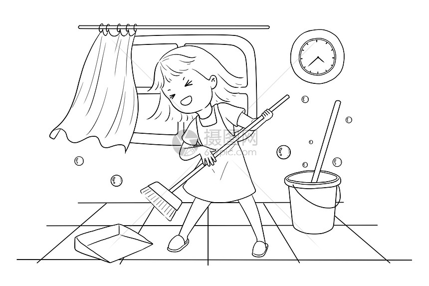 简笔画劳动节小女孩打扫卫生